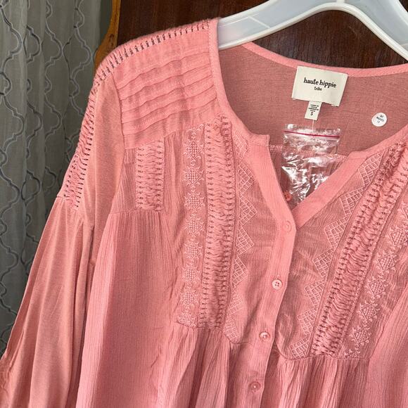 New Haute Hippie Shirt Top Small Pink Button Lightweight Pleating peasant boho - Picture 2 of 9